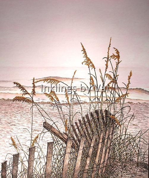 Beach Morning-1.jpg - 15 1/2in x 17 matted and framed:$550USD : \At sunrise, the beach turns pink! The waves are often soft and the sound is muffled...